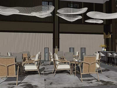 Modern Casual Lounge Area With Wicker Chairs Coffee Tables Hanging Cloud Decor And Soft Lighting 3d model