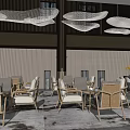 Modern Casual Lounge Area With Wicker Chairs Coffee Tables Hanging Cloud Decor And Soft Lighting