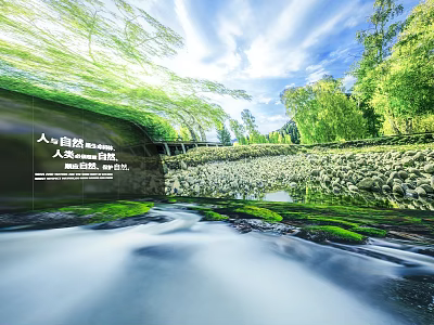 Natural Stream Flowing Through Green Vegetation With Entrance Bridge And Blue Sky 3d model