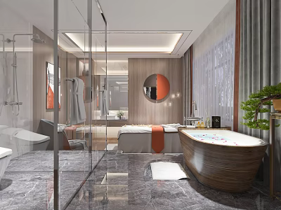 Modern SPA Sauna Interior Design With Glass Shower Wooden Bathtub And Marble Floor 3d model