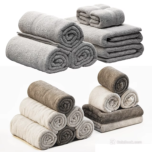 Soft Absorbent Cotton Towels in Various Colors Rolled and Stacked Neatly 3d model 
