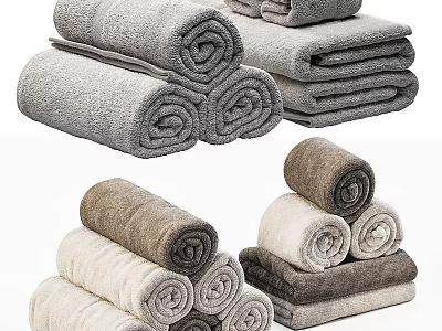 Soft Absorbent Cotton Towels in Various Colors Rolled and Stacked Neatly 3d model