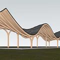Garden Landscape With Curved Wooden Canopy Trees Stone Pavement And People Walking