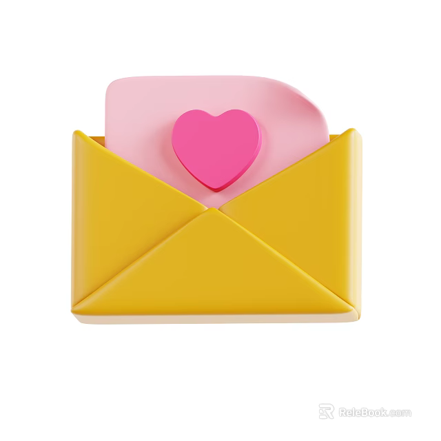 Yellow Envelope With Pink Paper And Pink Heart Decoration On White Background 3d model 
