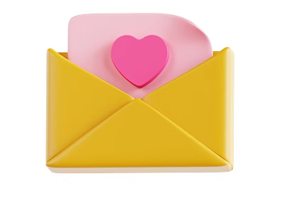 Yellow Envelope With Pink Paper And Pink Heart Decoration On White Background 3d model