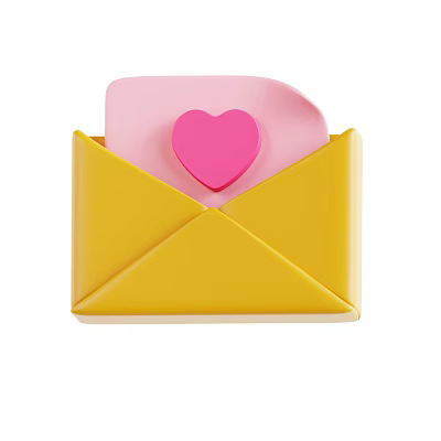 Yellow Envelope With Pink Paper And Pink Heart Decoration On White Background 3d model