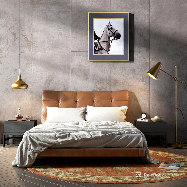 Double Bed with Brown Leather Headboard White Pillows Gray Blanket and Wall Art in Bedroom 3d model 