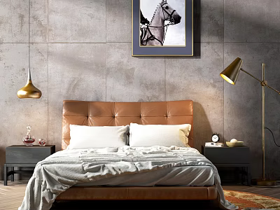 Double Bed with Brown Leather Headboard White Pillows Gray Blanket and Wall Art in Bedroom 3d model
