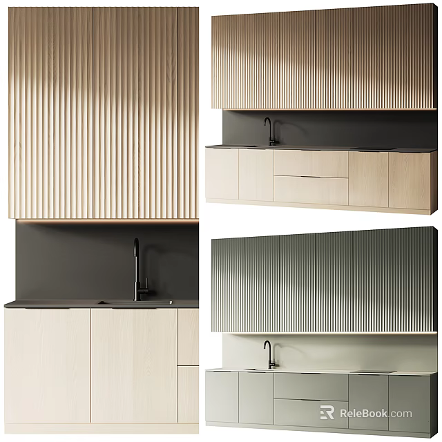 Modern Kitchen Interior With Vertical Slat Panels Cabinets Sink And Two Tone Design 3d model