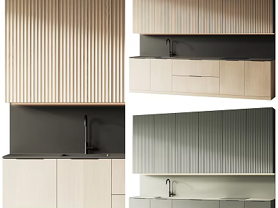Modern Kitchen Interior With Vertical Slat Panels Cabinets Sink And Two Tone Design 3d model