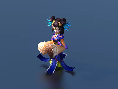 Game Anime Character With Double Buns Hairstyle Blue Hair Accessories Purple Yellow Outfit Holding Drum 3d model