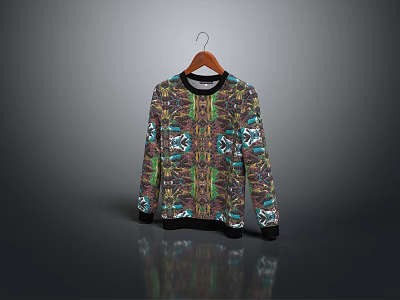 Wooden Clothing Hanger With Colorful Patterned Sweater On Gray Background 3d model