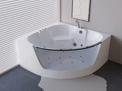 White Corner Bathtub With Transparent Front Panel Jets Near Window White Blinds And Framed 3d model