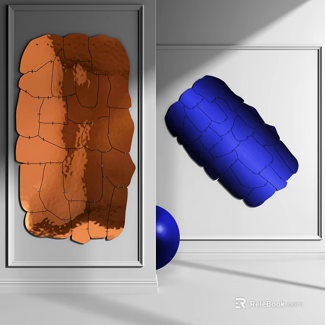 Orange Cracked Plaque And Blue Irregular Sculpture With Blue Sphere On White Framed Background 3d model 