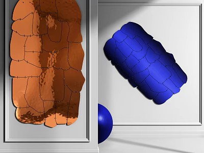 Orange Cracked Plaque And Blue Irregular Sculpture With Blue Sphere On White Framed Background 3d model