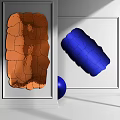 Orange Cracked Plaque And Blue Irregular Sculpture With Blue Sphere On White Framed Background