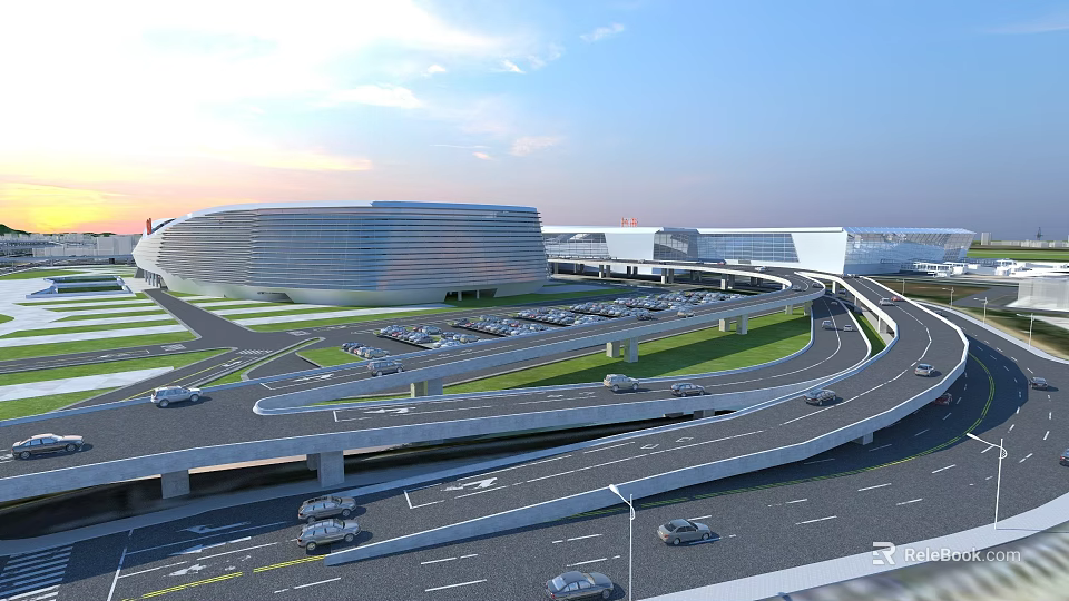 Modern Multi-level Bridge Connecting Curved Transportation Hub With Roads Parking And Green Areas 3d model 