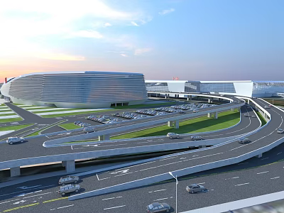 Modern Multi-level Bridge Connecting Curved Transportation Hub With Roads Parking And Green Areas 3d model