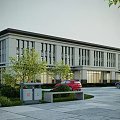 Modern Office Building With Stone Facade Vertical Windows Green Trees Parked Cars And Paved Plaza