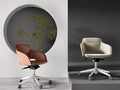 Modern Design Office Chairs In Brown Leather And Beige Fabric With Ergonomic Swivel Base 3d model