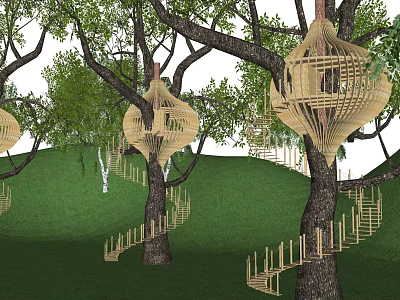 Woven Hanging Tree Structures With Wooden Stairs And Green Grassy Hills 3d model