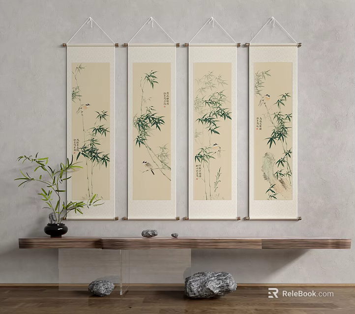 Chinese Scroll Paintings With Bamboo And Birds On Wooden Shelf With Potted Plant And Stones 3d model 