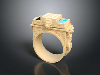 Intricate Carved Ring With Brick Texture Lion Head And Blue Gemstone Details 3d model