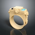 Intricate Carved Ring With Brick Texture Lion Head And Blue Gemstone Details