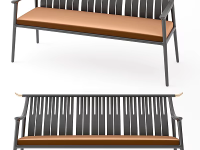 Modern Multi Person Sofa With Black Metal Frame Brown Cushion And Vertical Slat Backrest 3d model