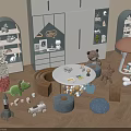 Cozy Playroom Interior With Stuffed Animals Toys Round Table And Storage Shelves