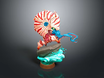 Character And Creature 3D Model With Red Striped Shell Blue Tentacles Rocky Base Water Splash 3d model