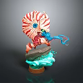 Character And Creature 3D Model With Red Striped Shell Blue Tentacles Rocky Base Water Splash