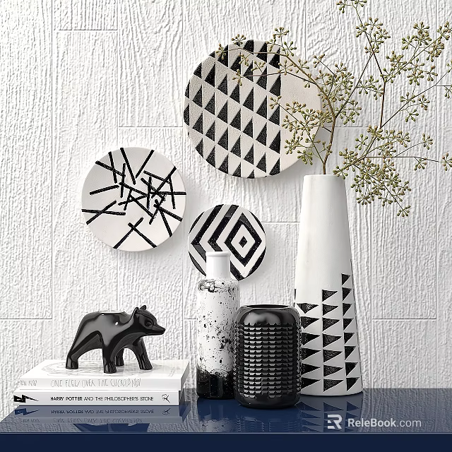 Modern Decorative Ornament Set with Black White Geometric Wall Plates Vase Plants and Bear Figurine 3d model 
