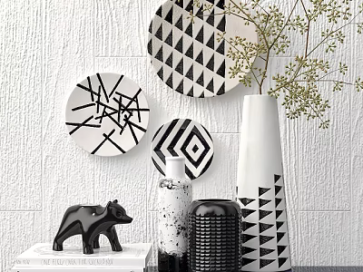 Modern Decorative Ornament Set with Black White Geometric Wall Plates Vase Plants and Bear Figurine 3d model