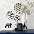 Modern Decorative Ornament Set with Black White Geometric Wall Plates Vase Plants and Bear Figurine