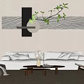 Modern Sofa and Coffee Table Set With Wall Art Green Plant and Floor Lamp