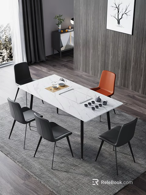 Modern Dining Table Set with White Marble Top Black Metal Legs and Colorful Chairs 3d model 
