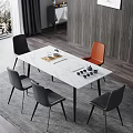 Modern Dining Table Set with White Marble Top Black Metal Legs and Colorful Chairs