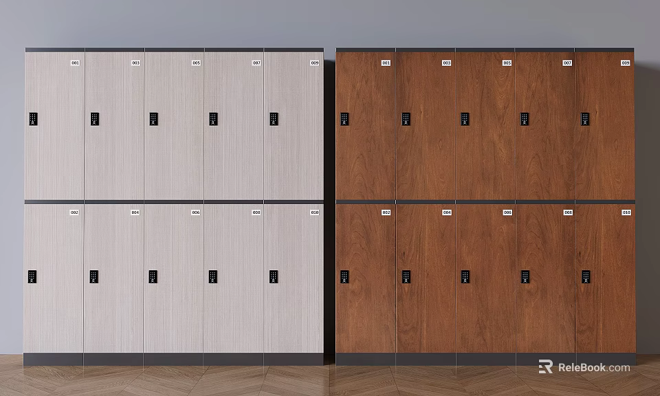 Modern Wooden Lockers In Double Row With Light And Dark Wood Finish Design 3d model 
