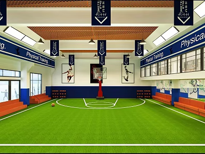 Indoor Physical Training Facility With Green Turf Basketball Hoop And Seating Areas 3d model