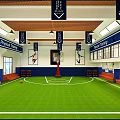 Indoor Physical Training Facility With Green Turf Basketball Hoop And Seating Areas
