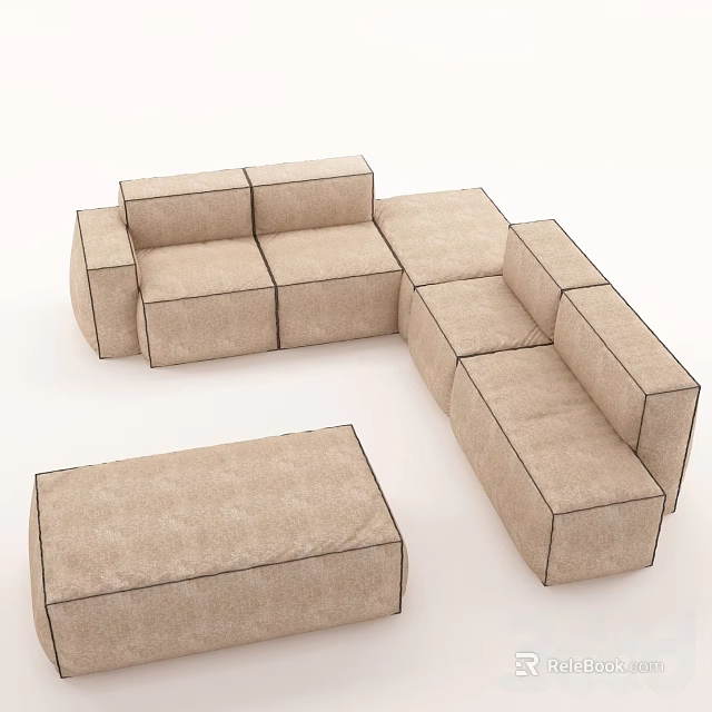 Modern Modular Beige L Shaped Sofa Set With Fabric Cube Modules And Ottoman 3d model