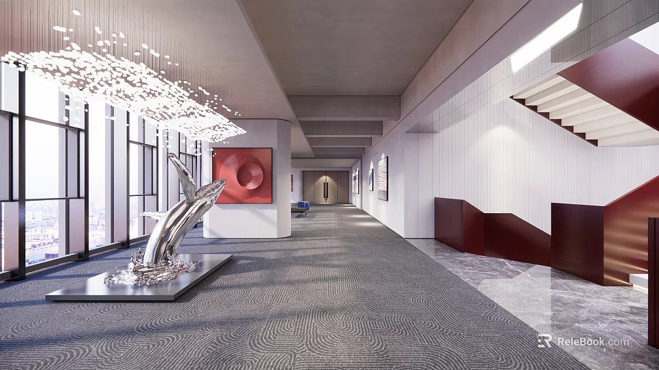 Modern Exhibition Hall Interior With Large Chandelier Red Abstract Painting Metal Sculpture And Marble Floor 3d model 