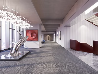 Modern Exhibition Hall Interior With Large Chandelier Red Abstract Painting Metal Sculpture And Marble Floor 3d model