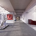 Modern Exhibition Hall Interior With Large Chandelier Red Abstract Painting Metal Sculpture And Marble Floor