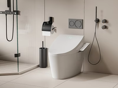 Modern Smart White Ceramic Toilet in Bathroom With Tissue Holder Brush Stand and Sleek Design 3d model