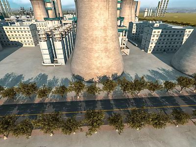 Industrial Plant With Tall Cooling Towers Surrounding Buildings And Tree Lined Road 3d model