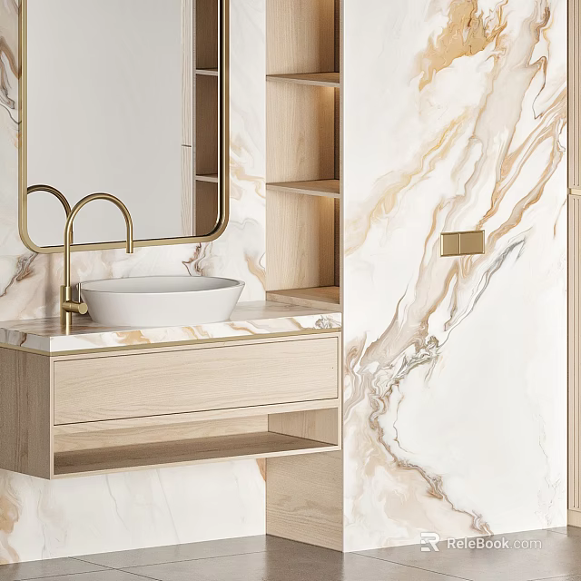 Elegant Bathroom Vanity Featuring Marble Countertop Gold Faucet Light Wood Cabinet And Mirror 3d model 