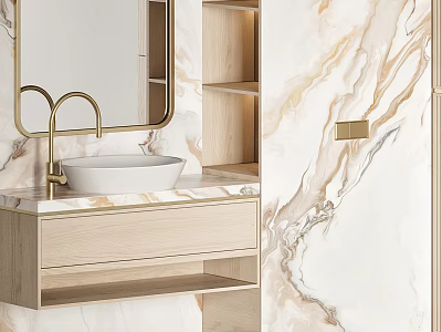 Elegant Bathroom Vanity Featuring Marble Countertop Gold Faucet Light Wood Cabinet And Mirror 3d model