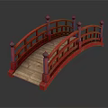 Red Arch Bridge With Red Railings Black Spherical Finials And Wooden Deck